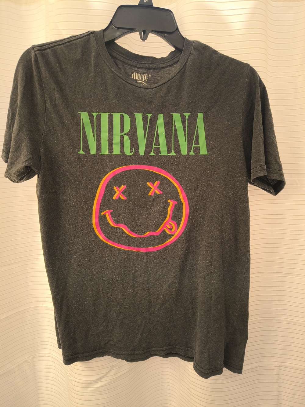 NIRVANA Black Tee with Neon Green Logo and Pink-Orange Smiley